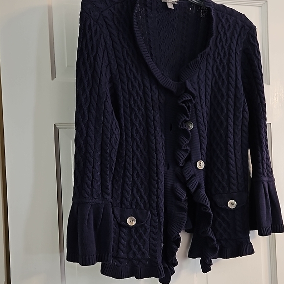 Navy Cable Knit Cardigan Sweater - Picture 7 of 7